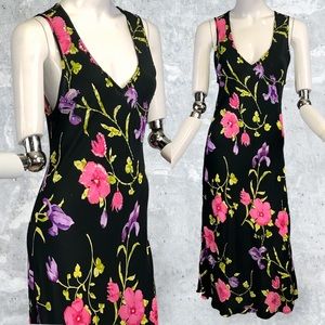 Vintage 90s Colorful Hawaiian Hibiscus Floral Sequined Black Beaded Dinner Dress